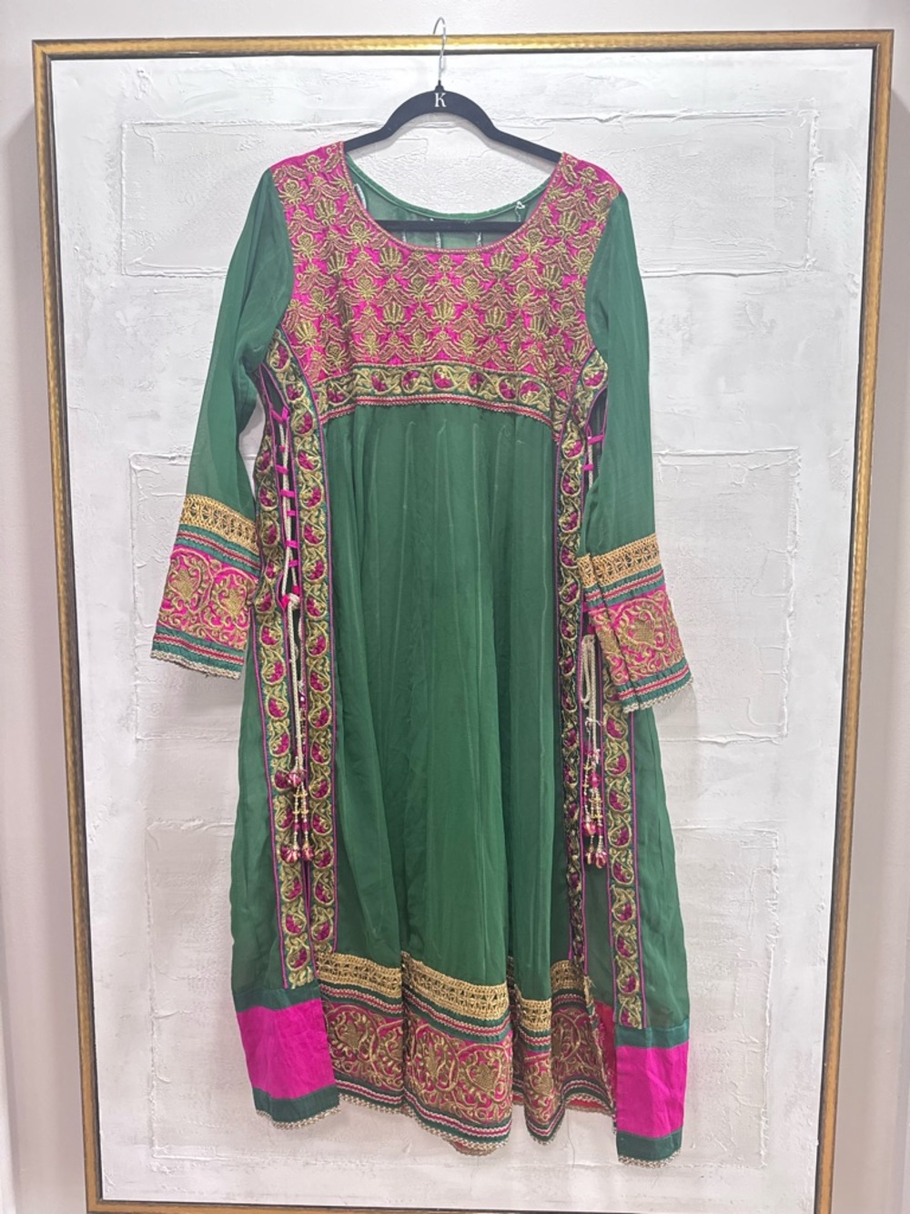 Green Pink Gold Embroidered Anarkali Kurta Dress South Asian Festive Wear
